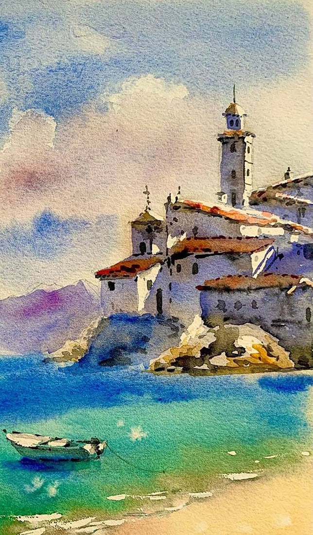 Watercolor painting Stone City on the Shore Olena Klimenko - 3