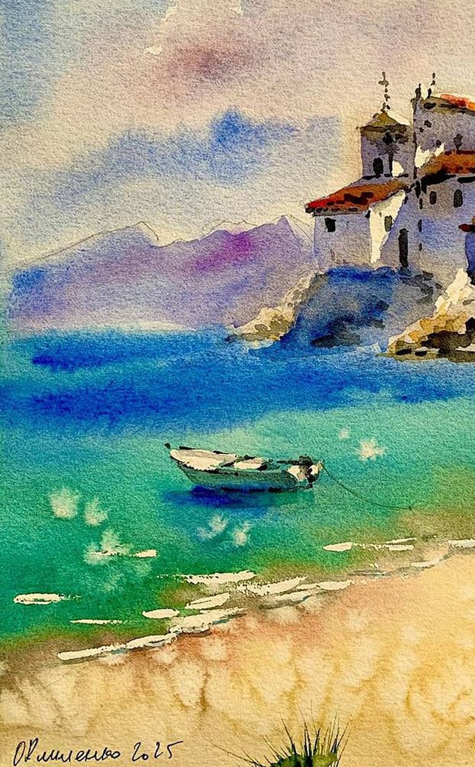 Watercolor painting Stone City on the Shore Olena Klimenko - 4