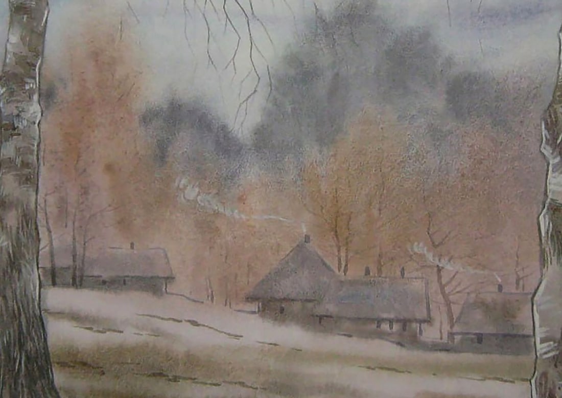 Watercolor painting Village in the snow Valery Savenets - 6