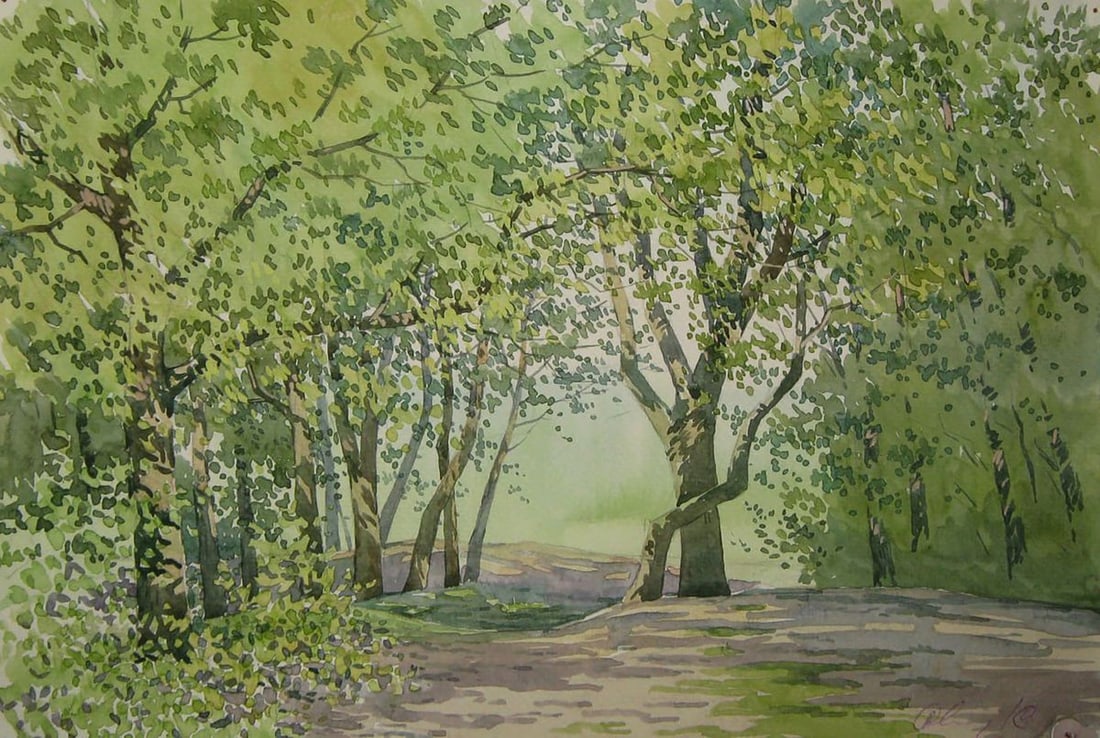 Watercolor painting In the green forest Valery Savenets: Title: Watercolor painting In the green forest Valery Savenets Description: NoSav 437*** ABOUT THIS PAINTING **** TITLE: "In the green forest"* ARTISTS: Valery Savenets* SIZE: 20x30 cm/'7.87x11.81 inc