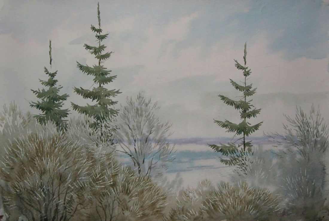Watercolor painting Winter fog in the forest Valery Savenets (1 of 6)