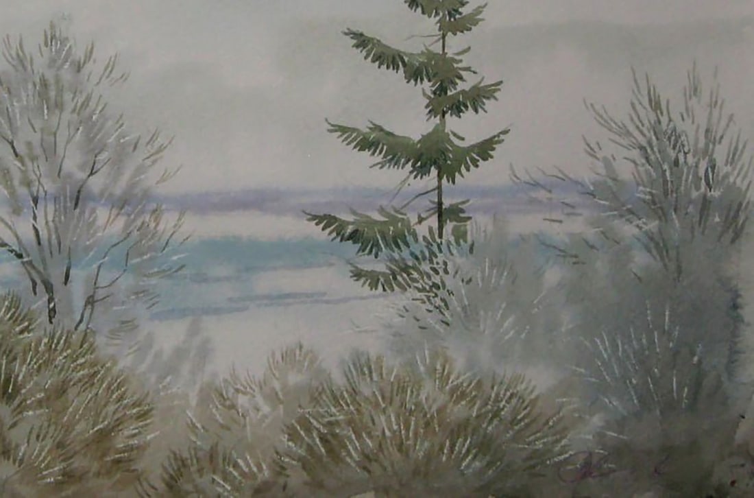 Watercolor painting Winter fog in the forest Valery Savenets - 2