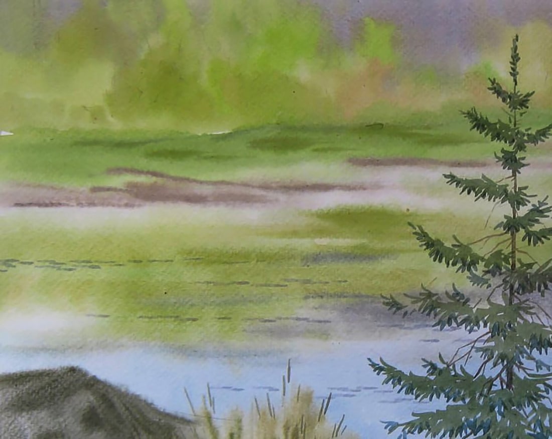 Watercolor painting Green coast river Valery Savenets - 4