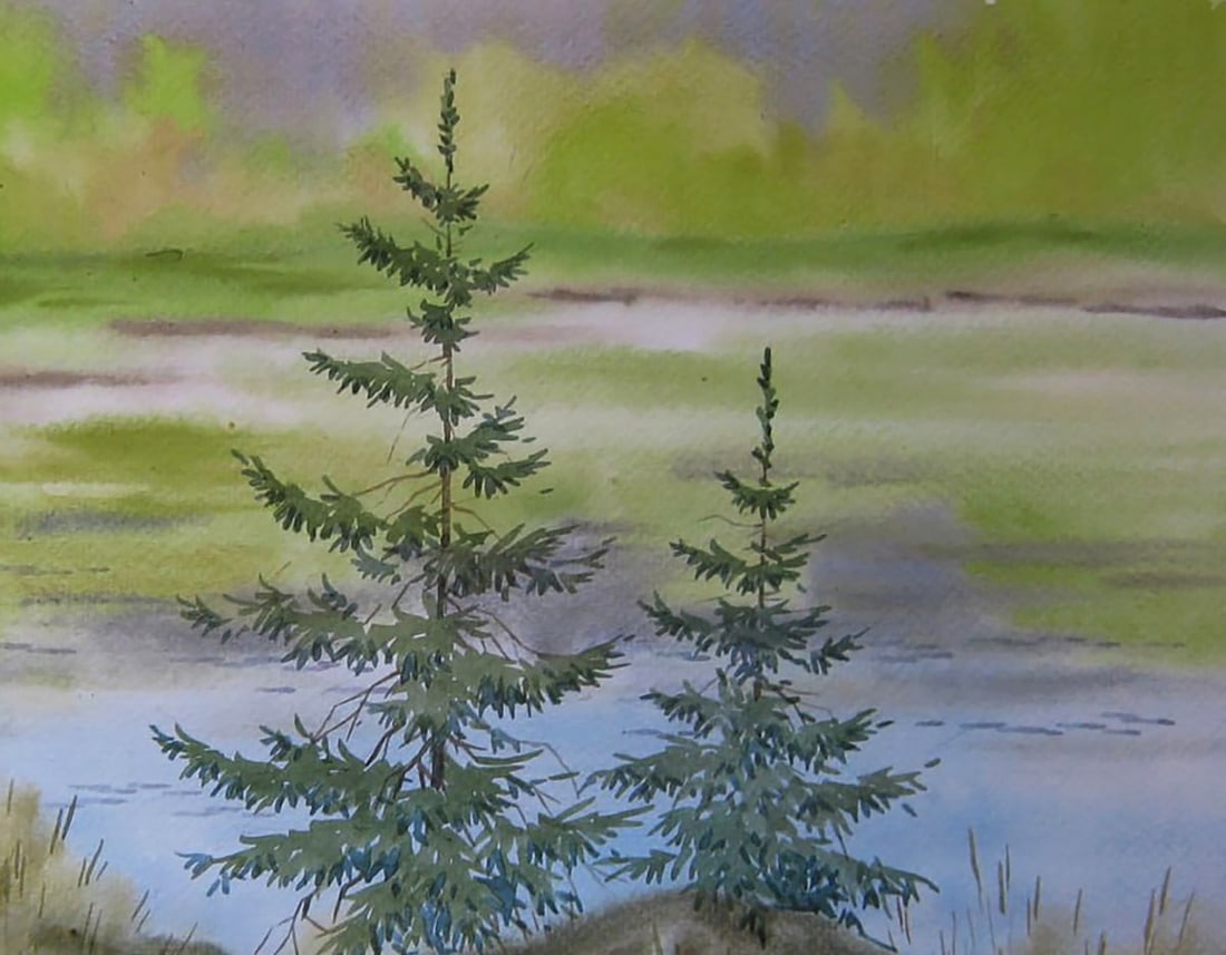 Watercolor painting Green coast river Valery Savenets - 5