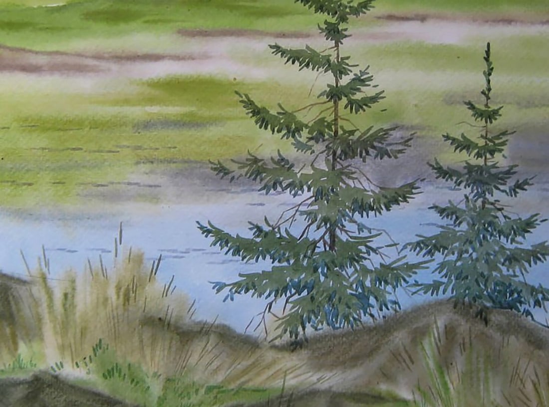 Watercolor painting Green coast river Valery Savenets - 6