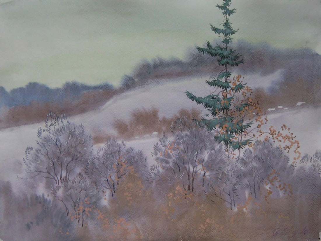 Watercolor painting Winter hills Valery Savenets: Title: Watercolor painting Winter hills Valery Savenets Description: NoSav 443*** ABOUT THIS PAINTING **** TITLE: "Winter hills"* ARTISTS: Valery Savenets* SIZE: 30x40 cm/'11.81x15.74 inches'*