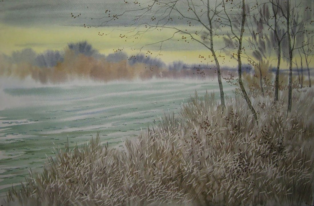 Watercolor painting Autumn mood by the river Valery Savenets: Title: Watercolor painting Autumn mood by the river Valery Savenets Description: NoSav 444*** ABOUT THIS PAINTING **** TITLE: "Autumn mood by the river"* ARTISTS: Valery Savenets* SIZE: 30x45 cm/'11.8