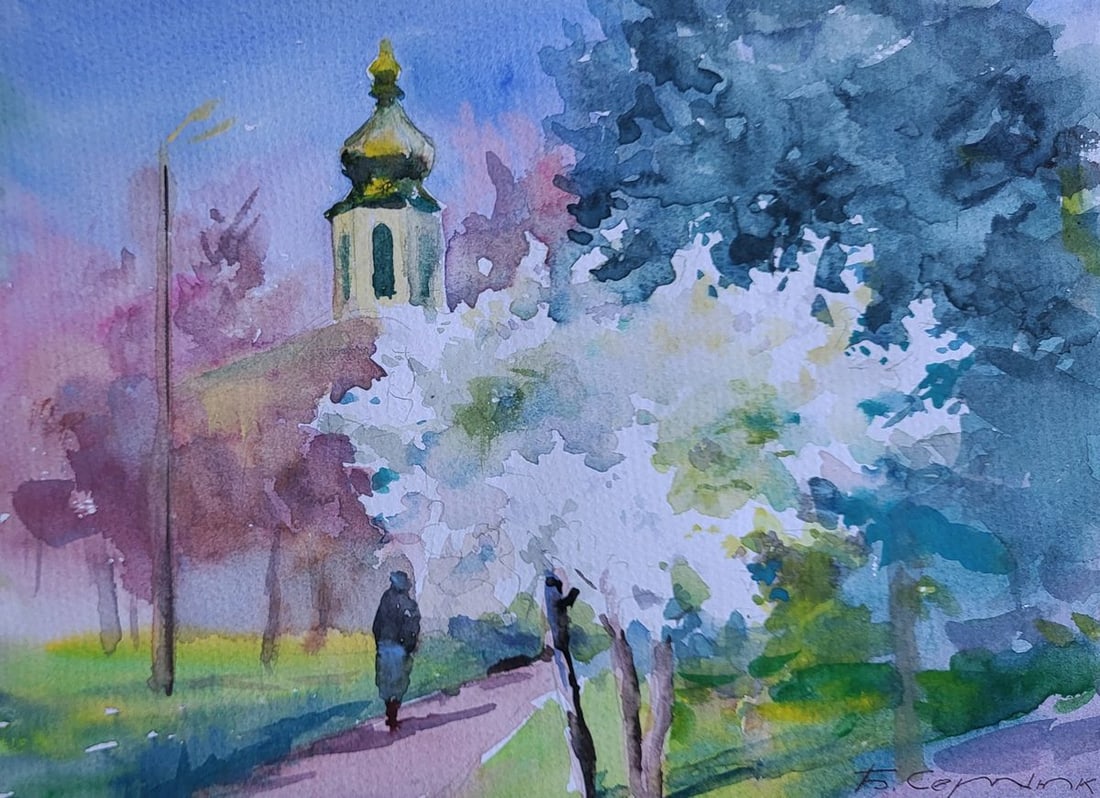 Watercolor painting The ringing of spring bells Boris Serdyuk: Title: Watercolor painting The ringing of spring bells Boris Serdyuk Description: NoSERB 1196The Watercolor painting on Paper titled "The Ringing of Spring Bells" captures a moment suspended in both t