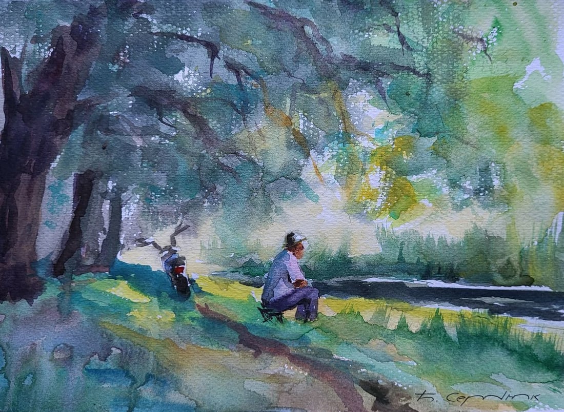 Watercolor painting By the shore of peace Boris Serdyuk: Title: Watercolor painting By the shore of peace Boris Serdyuk Description: NoSERB 1197The Watercolor painting on Paper titled "By the Shore of Peace" captures a moment of profound stillness and refle