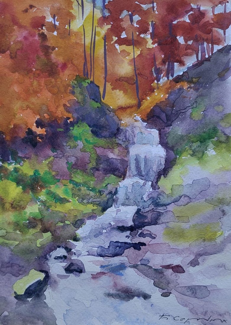 Watercolor painting Whispering stream Boris Serdyuk: Title: Watercolor painting Whispering stream Boris Serdyuk Description: NoSERB 1198The Watercolor painting on Paper titled "Whispering Stream" draws the viewer into a serene and enchanting forest