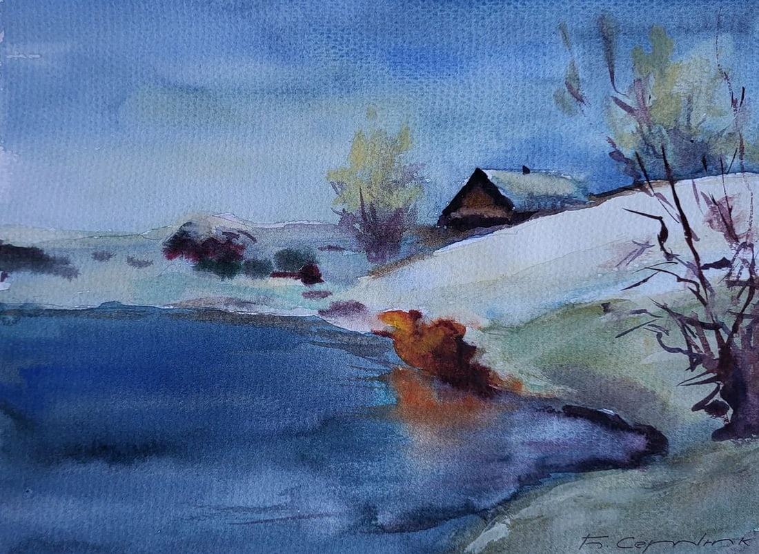 Watercolor painting Under a snowy sky Boris Serdyuk: Title: Watercolor painting Under a snowy sky Boris Serdyuk Description: NoSERB 1200The Watercolor painting on Paper titled "Under a Snowy Sky" presents a serene winter landscape where nature's calm re