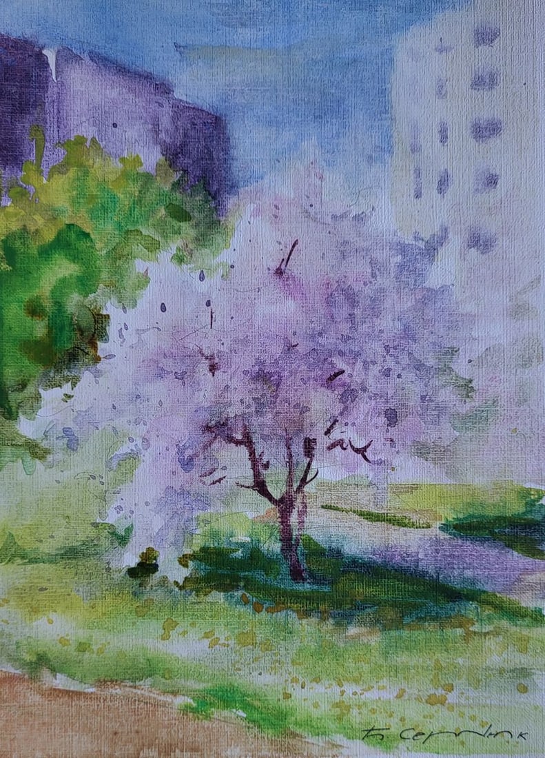 Watercolor painting Gentle april Boris Serdyuk: Title: Watercolor painting Gentle april Boris Serdyuk Description: NoSERB 1203The Watercolor painting on Paper titled "Gentle April" invites viewers into a moment of serene bloom and soft sunlight,