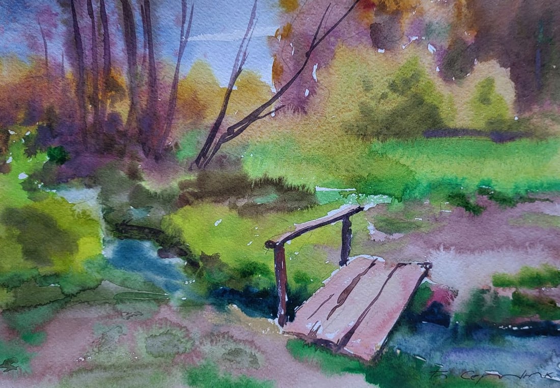 Watercolor painting Step across water Boris Serdyuk: Title: Watercolor painting Step across water Boris Serdyuk Description: NoSERB 1204The Watercolor painting on Paper titled "Step Across Water" draws the viewer into a tranquil, sun-drenched landscape 