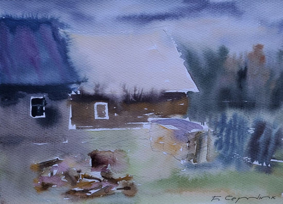 Watercolor painting Snow around the house Boris Serdyuk (1 of 7)