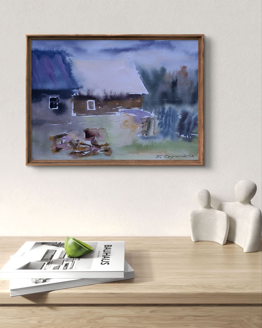 Watercolor painting Snow around the house Boris Serdyuk - 3