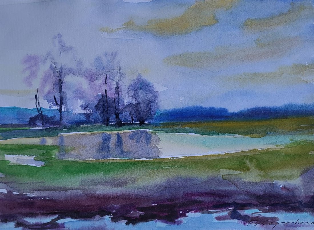 Watercolor painting Lake in the woods Boris Serdyuk: Title: Watercolor painting Lake in the woods Boris Serdyuk Description: NoSERB 1207The Watercolor painting on Paper titled "Lake in the Woods" captures a fleeting yet profoundly meditative moment in n
