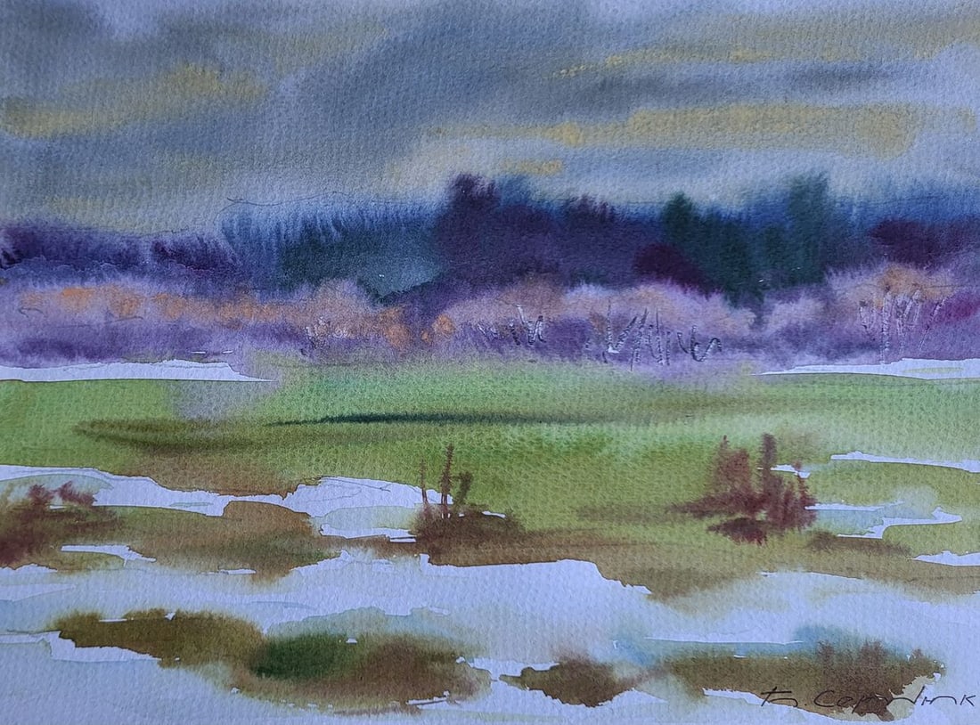 Watercolor painting First snow silence Boris Serdyuk: Title: Watercolor painting First snow silence Boris Serdyuk Description: NoSERB 1209The Watercolor painting on Paper titled "First Snow Silence" captures a moment of quiet transformation as the first 