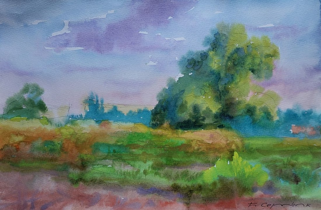 Watercolor painting August summer day Boris Serdyuk: Title: Watercolor painting August summer day Boris Serdyuk Description: NoSERB 1213The Watercolor painting on Paper titled "August Summer Day" is a poetic and luminous depiction of nature in its full 