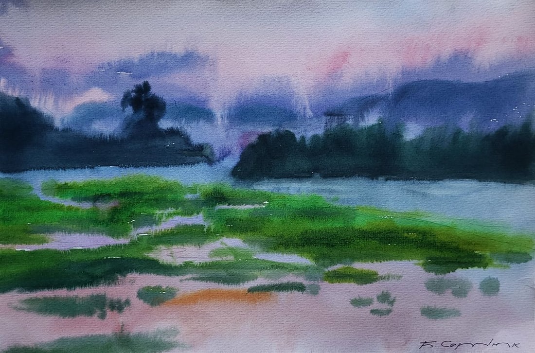 Watercolor painting Morning fog Boris Serdyuk: Title: Watercolor painting Morning fog Boris Serdyuk Description: NoSERB 1214The Watercolor painting on Paper titled "Morning Fog" captures the tranquil beauty of an early morning shrouded in mist. Th