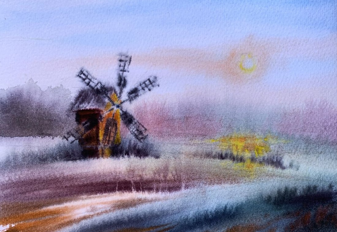 Pastel painting Mill on the outskirts Svetlana Gramm: Title: Pastel painting Mill on the outskirts Svetlana Gramm Description: NoAAA3349"Mill on the Outskirts" is a serene watercolor painting that captures the quiet beauty of a countryside landscape at