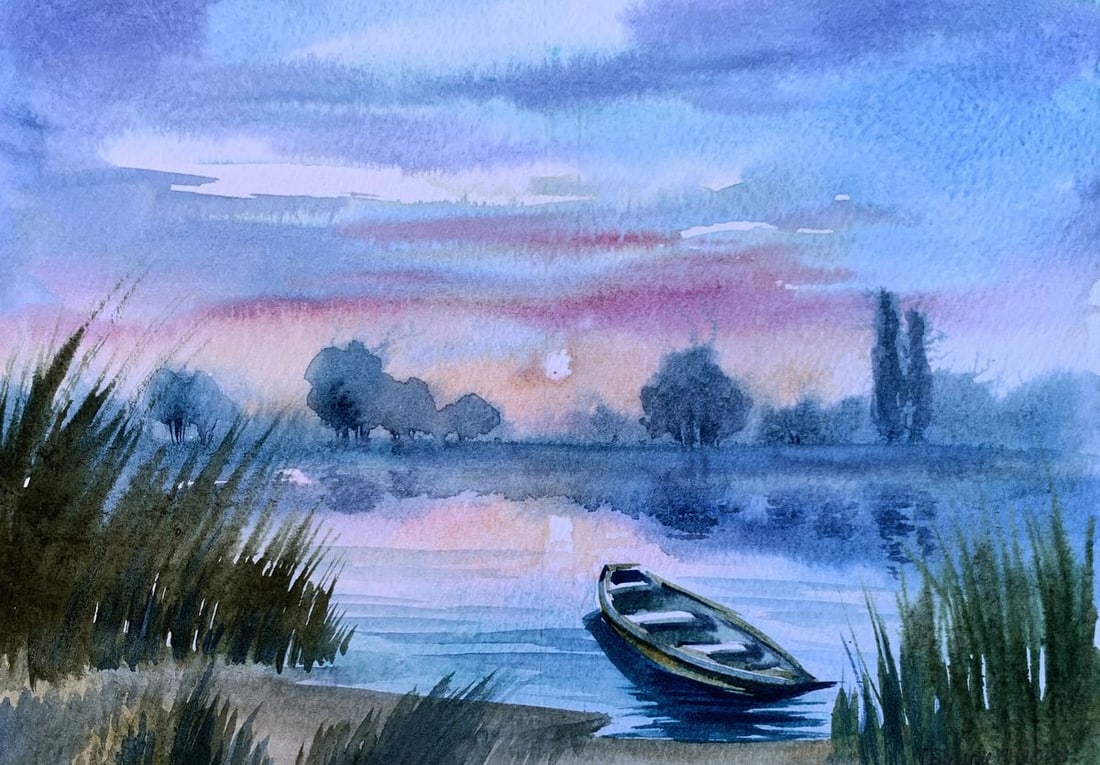 Watercolor painting Boat on the shore Svetlana Gramm: Title: Watercolor painting Boat on the shore Svetlana Gramm Description: NoAAA3352"Boat on the Shore" is a tranquil watercolor painting that beautifully captures the serene and reflective ambiance of