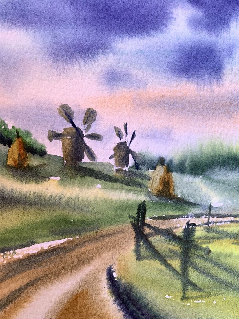 Watercolor painting Windmills and haystacks Svetlana Gramm - 5