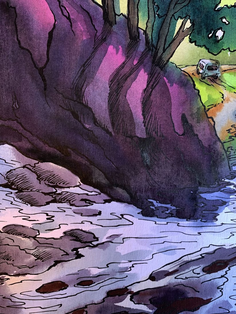 Watercolor painting Waterfall in the forest Svetlana Gramm - 5