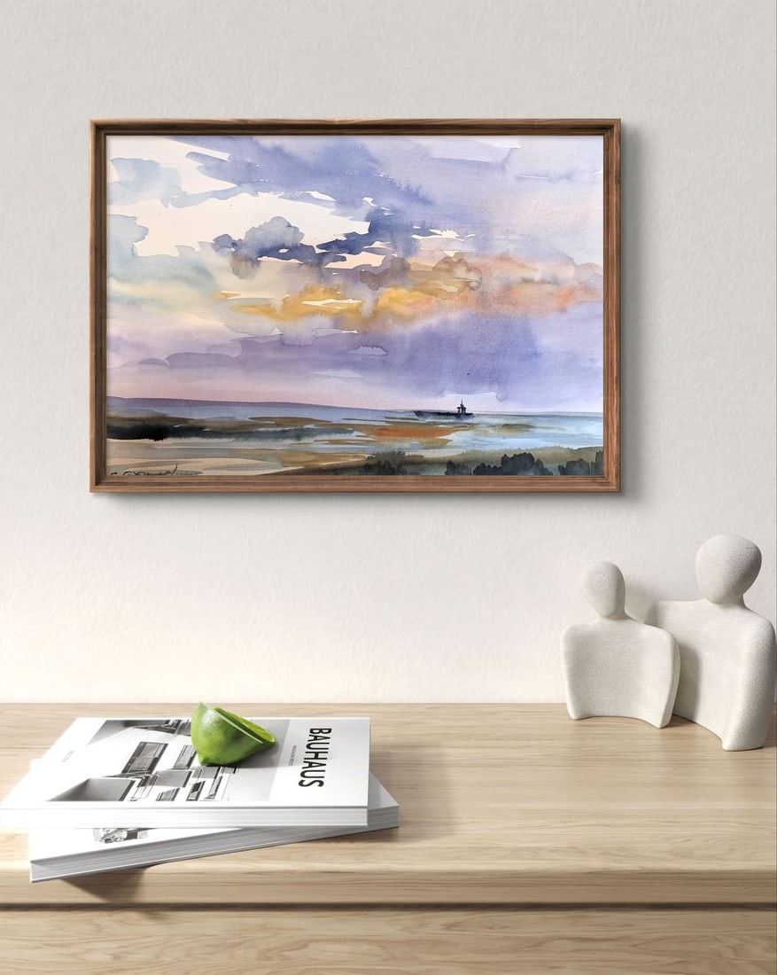 Watercolor painting Sunset sun in the sea Svetlana Gramm - 2