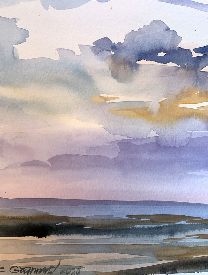Watercolor painting Sunset sun in the sea Svetlana Gramm - 5