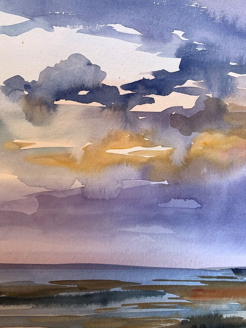 Watercolor painting Sunset sun in the sea Svetlana Gramm - 6