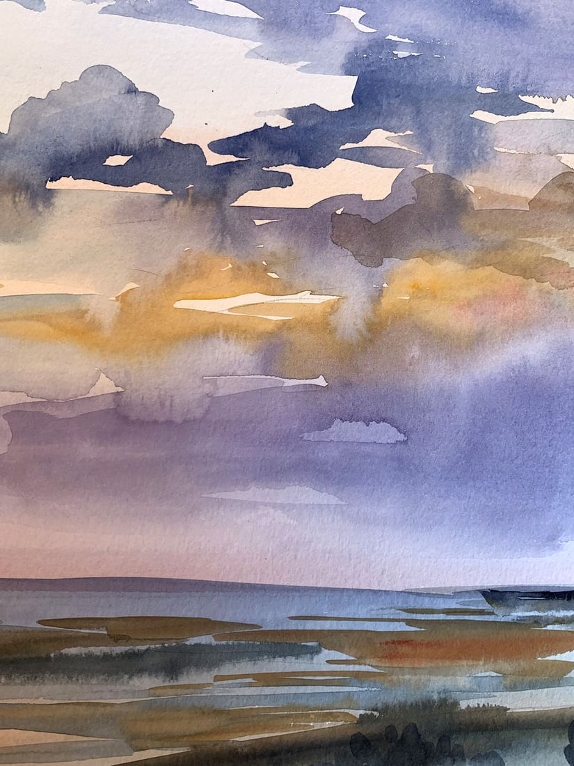 Watercolor painting Sunset sun in the sea Svetlana Gramm - 7