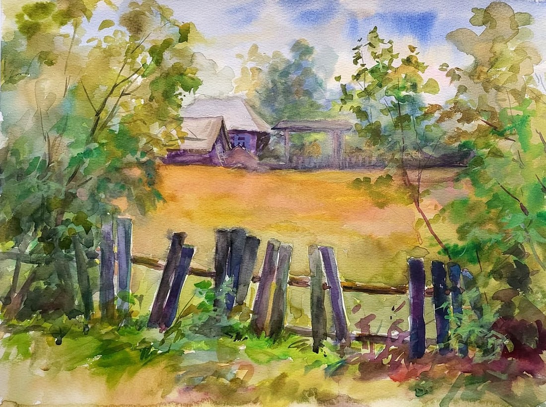 Watercolor painting Guty Sumy region Serdyuk Boris Petrovich: Title: Watercolor painting Guty Sumy region Serdyuk Boris Petrovich Description: NoSERB 941"Guty Sumy Region" is a watercolor landscape painting that captures the serene essence of a rustic scene, lik
