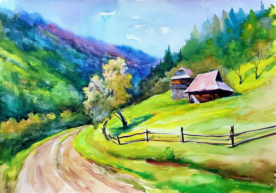 Watercolor painting Carpathian Austrian Houses Serdyuk Boris Petrovich: Title: Watercolor painting Carpathian Austrian Houses Serdyuk Boris Petrovich Description: NoSERB 949This watercolor painting, titled "Carpathian Austrian Houses," vividly captures the pastoral charm