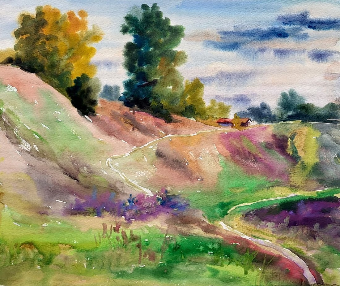Watercolor painting Konotop landscape Serdyuk Boris Petrovich: Title: Watercolor painting Konotop landscape Serdyuk Boris Petrovich Description: NoSERB 950This watercolor painting, titled "Konotop Landscape," offers a glimpse into a gentle, undulating