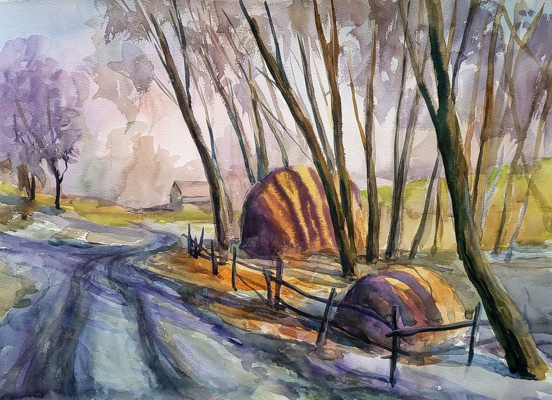 Watercolor painting A heap by the road Serdyuk Boris Petrovich: Title: Watercolor painting A heap by the road Serdyuk Boris Petrovich Description: NoSERB 951The watercolor painting titled "A Heap by the Road" portrays a rustic and serene rural scene, capturing the