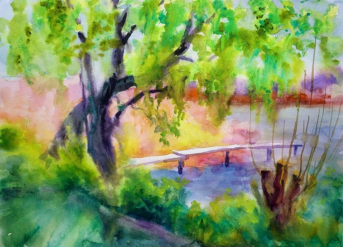 Watercolor painting Reed bridge Serdyuk Boris Petrovich: Title: Watercolor painting Reed bridge Serdyuk Boris Petrovich Description: NoSERB 954This watercolor painting, entitled "Reed Bridge," portrays a tranquil riverside scene replete with the gentle