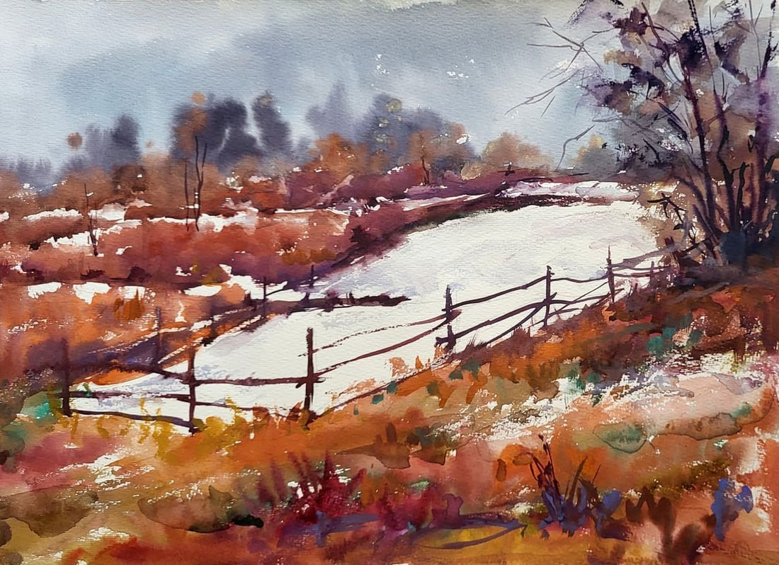 Watercolor painting The first snowball Serdyuk Boris Petrovich: Title: Watercolor painting The first snowball Serdyuk Boris Petrovich Description: NoSERB 969The watercolor painting titled "The First Snowfall" evokes the delicate transition from autumn to winter