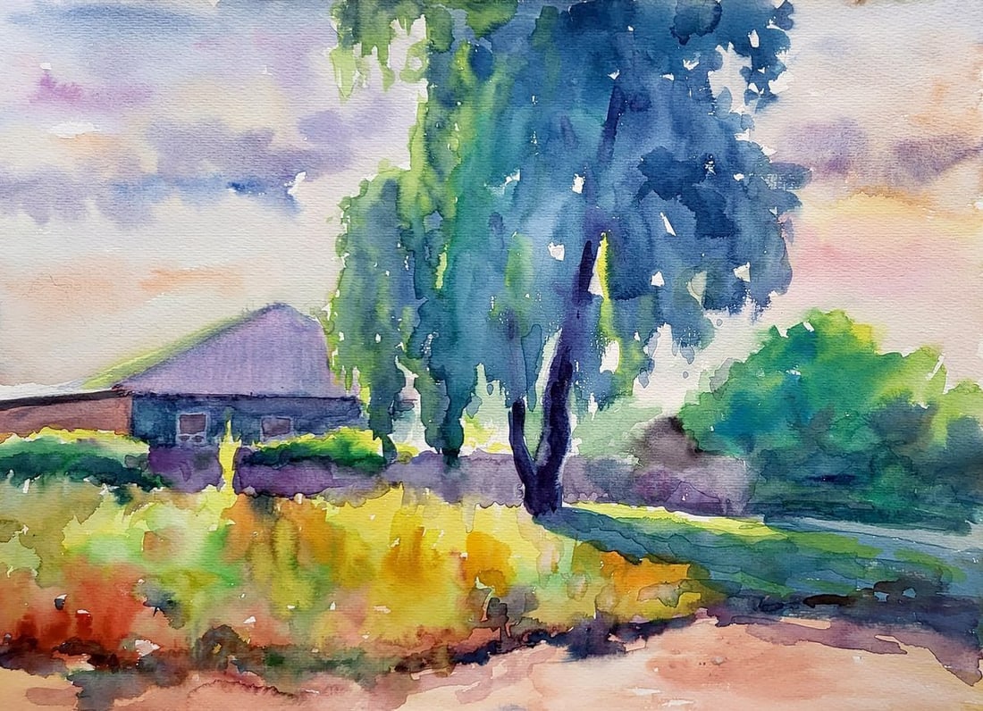 Watercolor painting Morning Serdyuk Boris Petrovich: Title: Watercolor painting Morning Serdyuk Boris Petrovich Description: NoSERB 973The watercolor painting "Morning" captures the tranquility and softness of an early daybreak in a rural setting. The