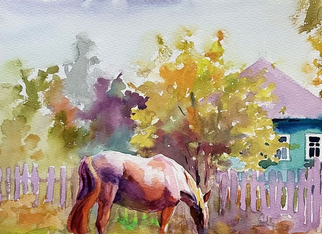 Watercolor painting Rural landscape with a mare Serdyuk Boris Petrovich - 2