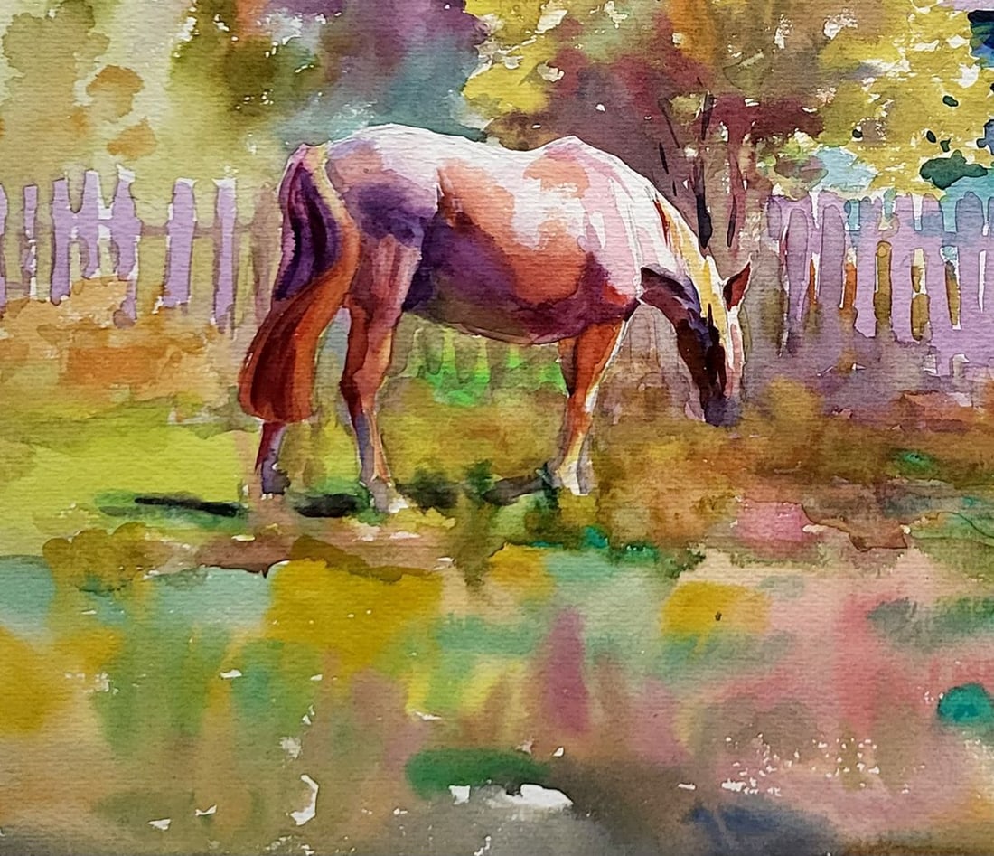 Watercolor painting Rural landscape with a mare Serdyuk Boris Petrovich - 4