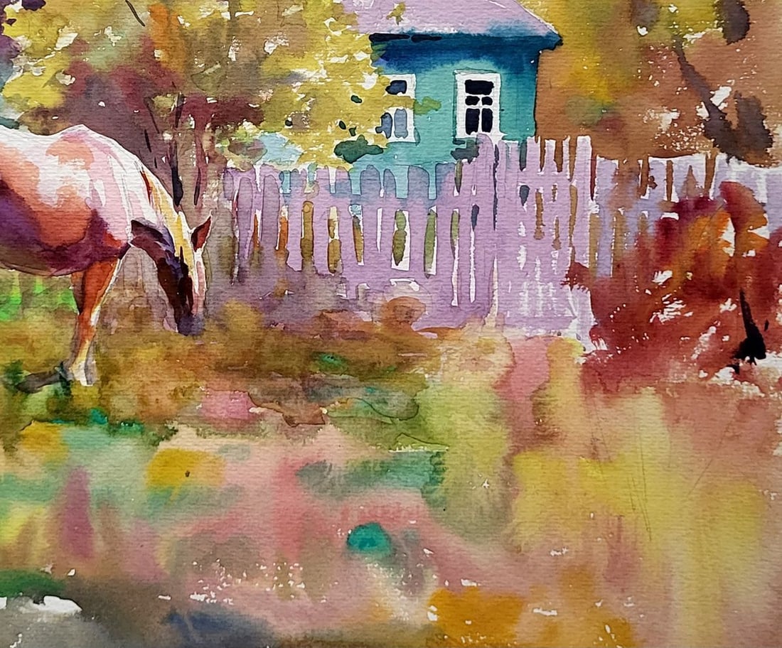 Watercolor painting Rural landscape with a mare Serdyuk Boris Petrovich - 5
