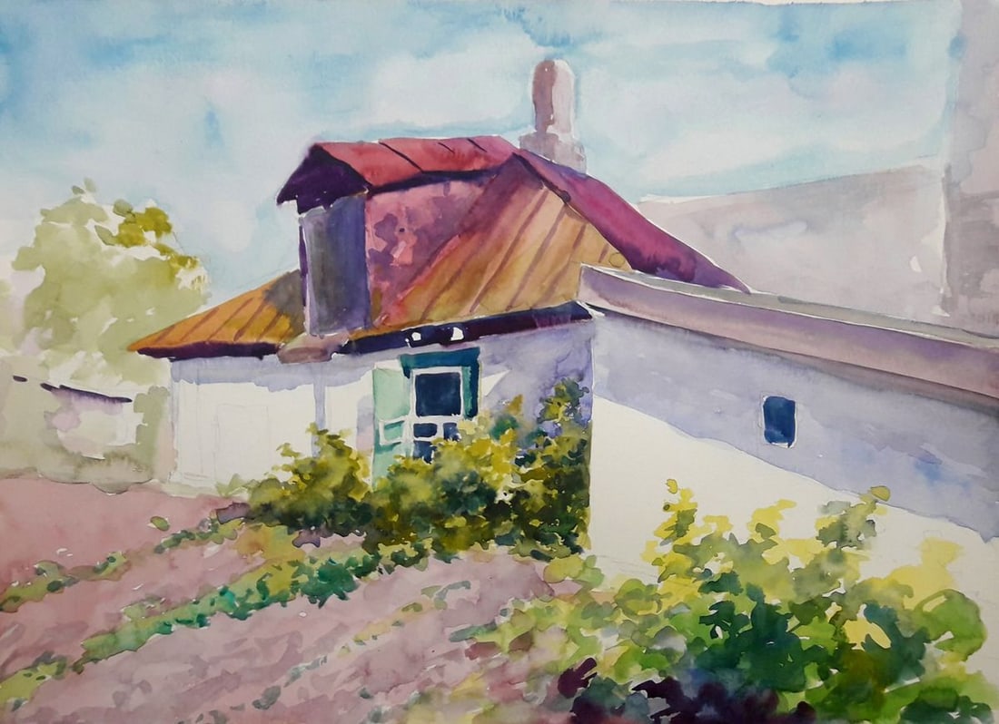 Watercolor painting An old house Serdyuk Boris Petrovich: Title: Watercolor painting An old house Serdyuk Boris Petrovich Description: NoSERB 981This watercolor painting, entitled "An Old House," portrays the subdued charm of a vintage dwelling. The artwork 