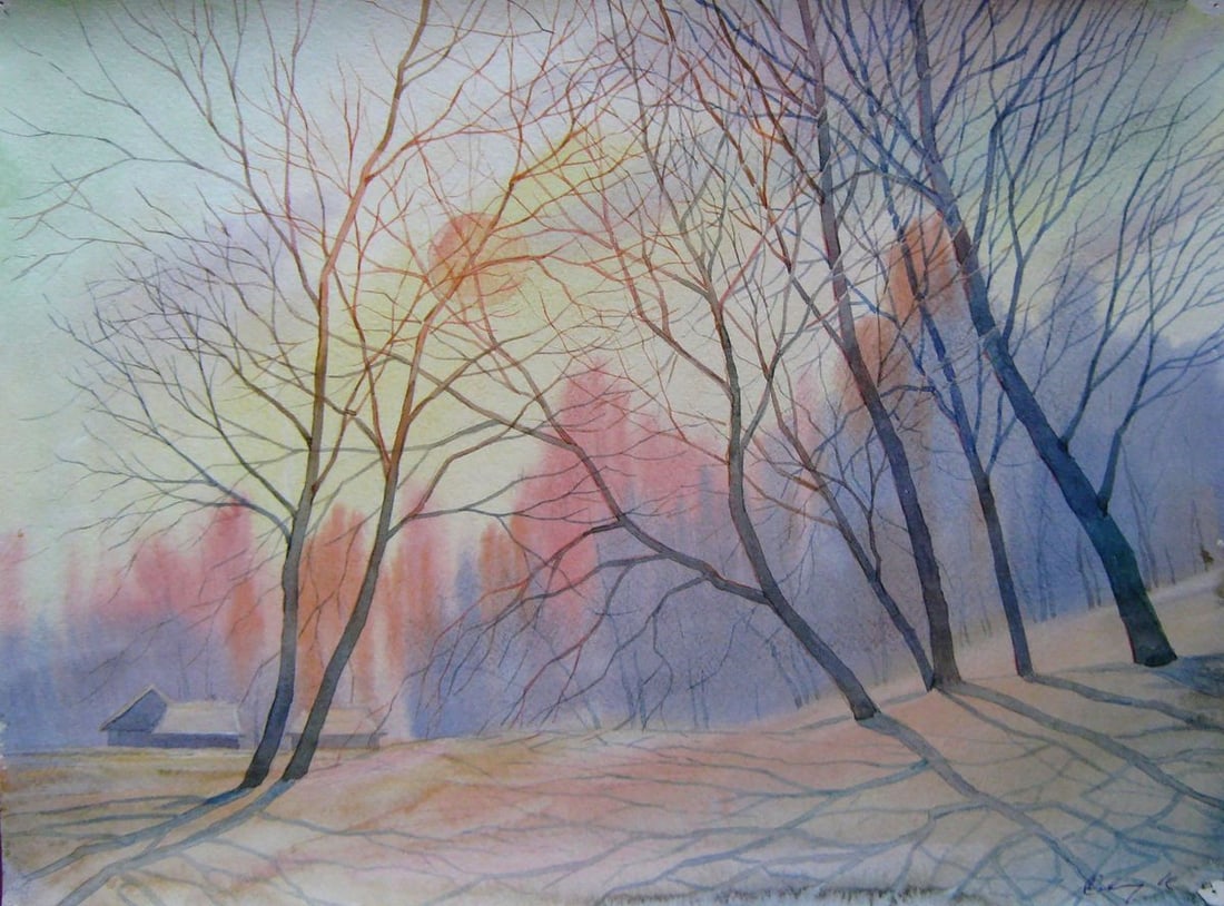 Watercolor painting Sunny winter morning Kalebets Valery: Title: Watercolor painting Sunny winter morning Kalebets Valery Description: NoSav 196 *** ABOUT THIS PAINTING *** * TITLE: "Sunny winter morning" * ARTISTS: Kalebets Valery * SIZE: 30x40 cm/'11.81x15
