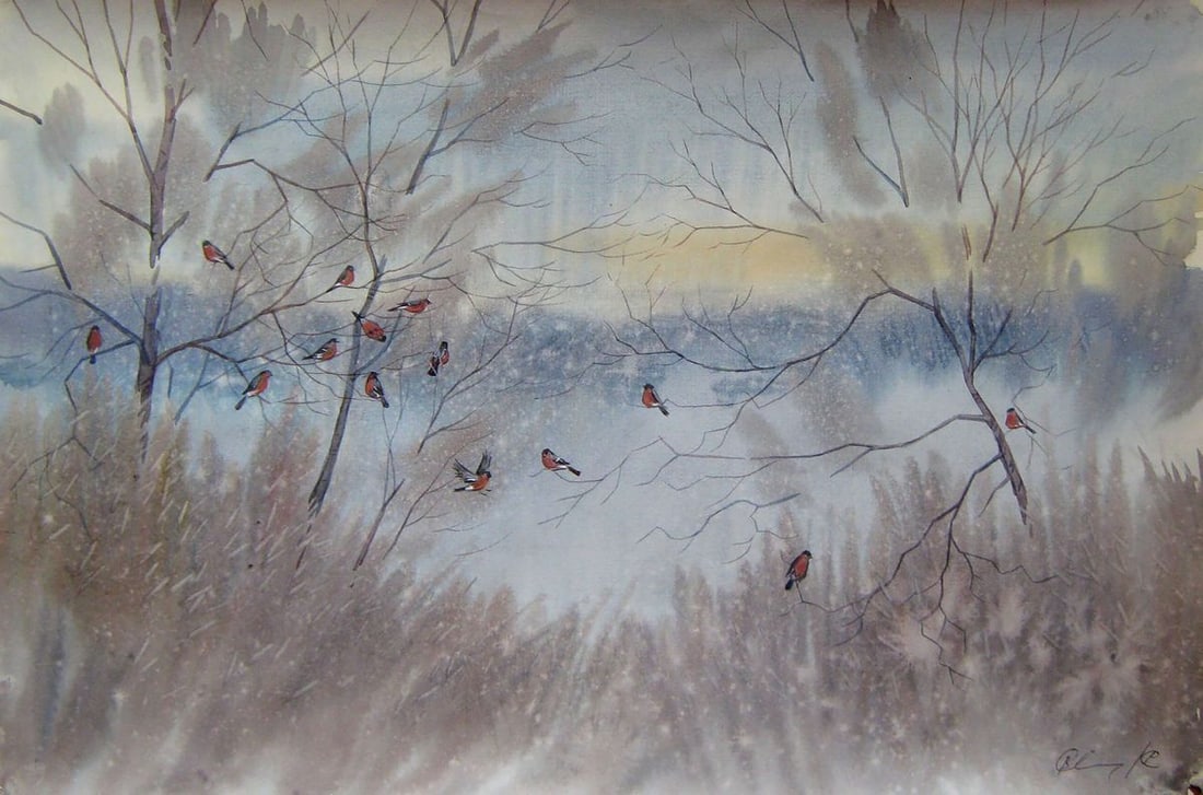 Watercolor painting Bullfinches Kalebets Valery: Title: Watercolor painting Bullfinches Kalebets Valery Description: NoSav 215 *** ABOUT THIS PAINTING *** * TITLE: "Bullfinches" * ARTISTS: Kalebets Valery * SIZE: 30x45 cm/'11.81x17.71 inches' * MEDI