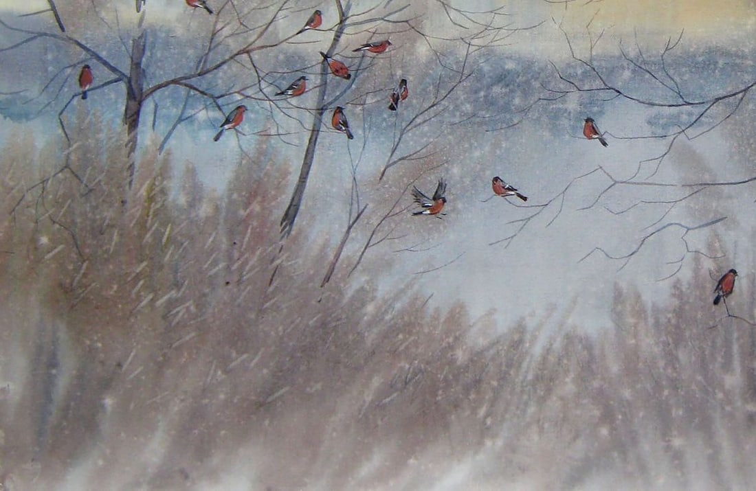 Watercolor painting Bullfinches Kalebets Valery - 4