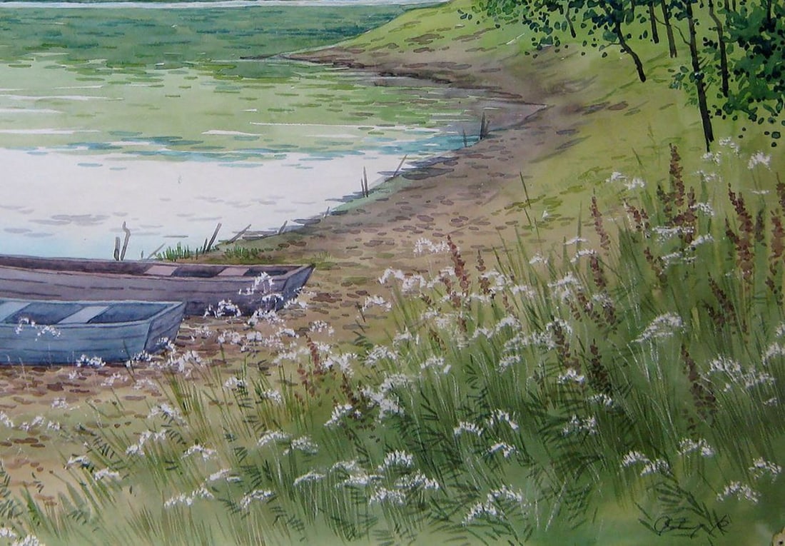 Watercolor painting Near the river. Boats Kalebets Valery - 5