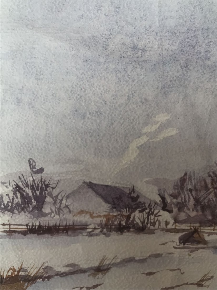 Watercolor painting Winter in the village Unknown artist - 4