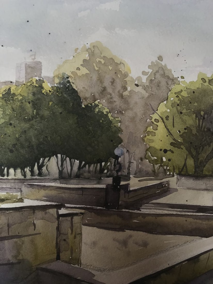 Watercolor painting City recreation park Unknown artist - 8