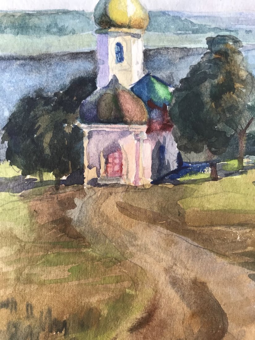 Watercolor painting Road to the church Unknown artist - 7