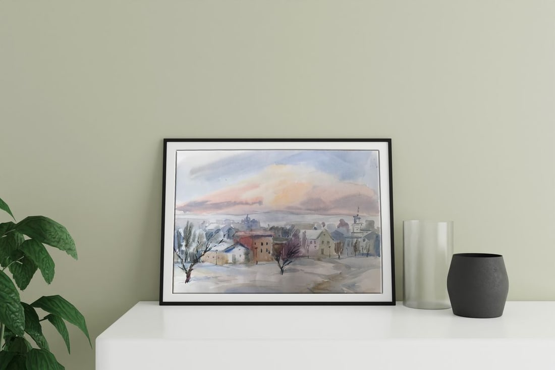 Watercolor painting Winter in the city Unknown artist - 3